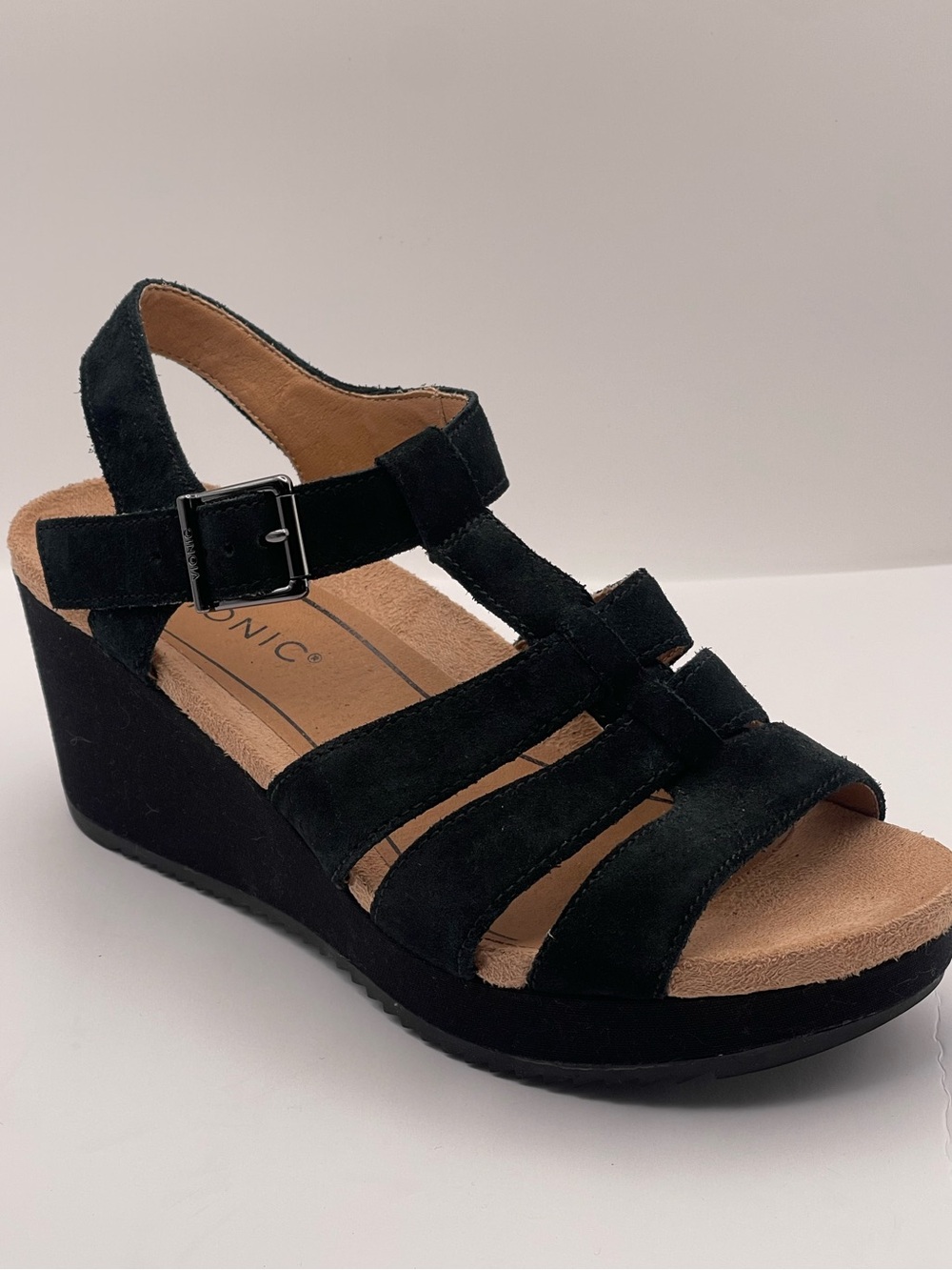 Vionic Black Suede Comfort T-Strap Platform Sandals with Adjustable Buckle - Picture 2 of 8